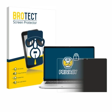 Parte frontal de un envase de producto con el logotipo de la marca BROTECT. Al lado se muestra el dispositivo Dell Pro 13 Plus