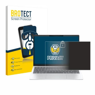 Parte frontal de un envase de producto con el logotipo de la marca BROTECT. Al lado se muestra el dispositivo HP OmniBook 7 Ae