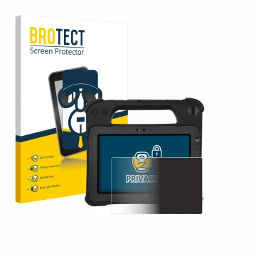 Parte frontal de un envase de producto con el logotipo de la marca BROTECT. Al lado se muestra el dispositivo Zebra XPad L10ax