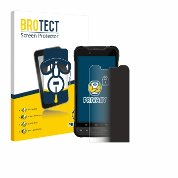 Parte frontal de un envase de producto con el logotipo de la marca BROTECT. Al lado se muestra el dispositivo Zebra Xplore M60