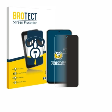 Parte frontal de un envase de producto con el logotipo de la marca BROTECT. Al lado se muestra el dispositivo Nubia V80 Pro co