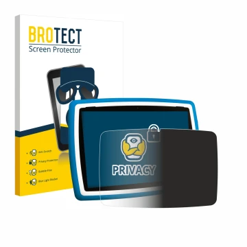 Parte frontal de un envase de producto con el logotipo de la marca BROTECT. Al lado se muestra el dispositivo Lisciani Mio Tab