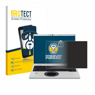 Parte frontal de un envase de producto con el logotipo de la marca BROTECT. Al lado se muestra el dispositivo Panasonic CF-FV3