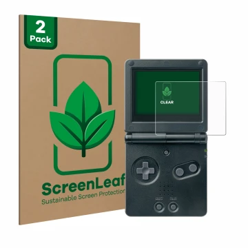 Parte frontal de un envase de producto con el logotipo de la marca ScreenLeaf. Al lado se muestra el dispositivo Nintendo Game