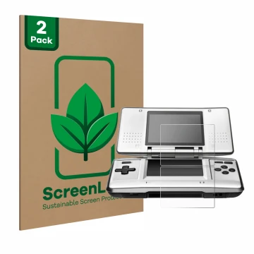 Parte frontal de un envase de producto con el logotipo de la marca ScreenLeaf. Al lado se muestra el dispositivo Nintendo DS c