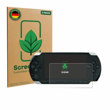Parte frontal de un envase de producto con el logotipo de la marca ScreenLeaf. Al lado se muestra el dispositivo Sony PSP 1000
