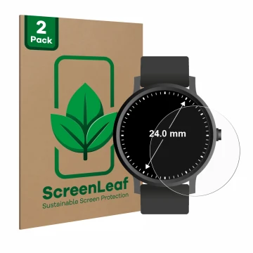 Parte frontal de un envase de producto con el logotipo de la marca ScreenLeaf. Al lado se muestra el dispositivo Relojes (Circ
