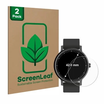 Parte frontal de un envase de producto con el logotipo de la marca ScreenLeaf. Al lado se muestra el dispositivo Relojes (Circ