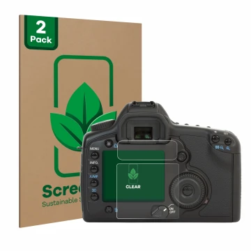 Parte frontal de un envase de producto con el logotipo de la marca ScreenLeaf. Al lado se muestra el dispositivo Canon EOS 5D 