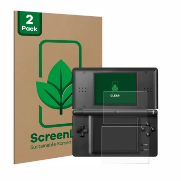 Parte frontal de un envase de producto con el logotipo de la marca ScreenLeaf. Al lado se muestra el dispositivo Nintendo DS L