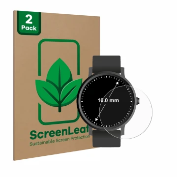 Parte frontal de un envase de producto con el logotipo de la marca ScreenLeaf. Al lado se muestra el dispositivo Relojes (Circ