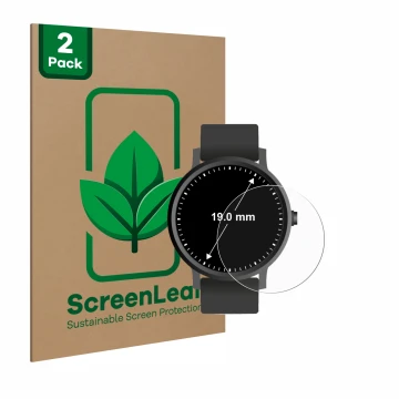 Parte frontal de un envase de producto con el logotipo de la marca ScreenLeaf. Al lado se muestra el dispositivo Relojes (Circ