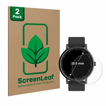 Parte frontal de un envase de producto con el logotipo de la marca ScreenLeaf. Al lado se muestra el dispositivo Relojes (Circ