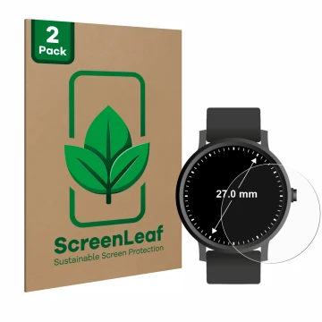 Parte frontal de un envase de producto con el logotipo de la marca ScreenLeaf. Al lado se muestra el dispositivo Relojes (Circ