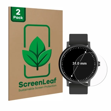 Parte frontal de un envase de producto con el logotipo de la marca ScreenLeaf. Al lado se muestra el dispositivo Relojes (circ