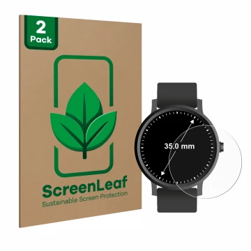Parte frontal de un envase de producto con el logotipo de la marca ScreenLeaf. Al lado se muestra el dispositivo Relojes (Circ
