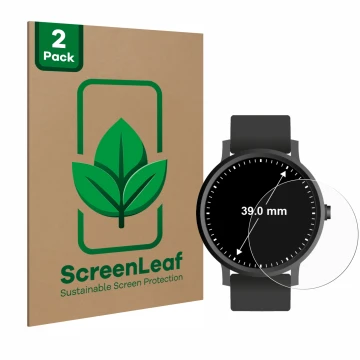 Parte frontal de un envase de producto con el logotipo de la marca ScreenLeaf. Al lado se muestra el dispositivo Relojes (Circ