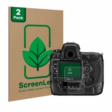 Parte frontal de un envase de producto con el logotipo de la marca ScreenLeaf. Al lado se muestra el dispositivo Nikon D3 con 