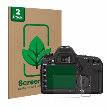 Parte frontal de un envase de producto con el logotipo de la marca ScreenLeaf. Al lado se muestra el dispositivo Canon EOS 5D 