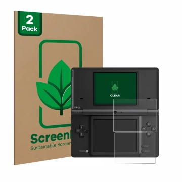 Parte frontal de un envase de producto con el logotipo de la marca ScreenLeaf. Al lado se muestra el dispositivo Nintendo DSi 