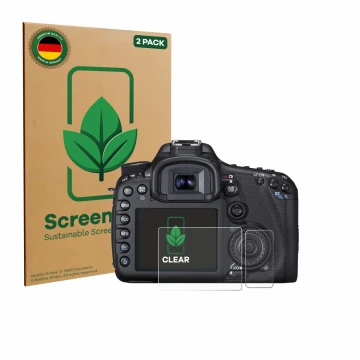 Parte frontal de un envase de producto con el logotipo de la marca ScreenLeaf. Al lado se muestra el dispositivo Canon EOS 7D 