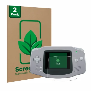 Parte frontal de un envase de producto con el logotipo de la marca ScreenLeaf. Al lado se muestra el dispositivo Nintendo Game