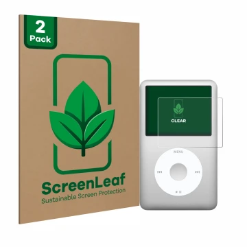 Parte frontal de un envase de producto con el logotipo de la marca ScreenLeaf. Al lado se muestra el dispositivo Apple iPod cl