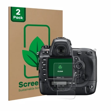 Parte frontal de un envase de producto con el logotipo de la marca ScreenLeaf. Al lado se muestra el dispositivo Nikon D3S con