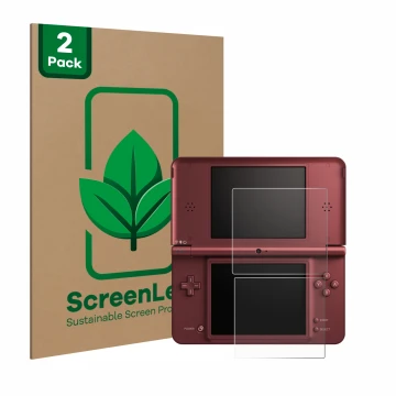 Parte frontal de un envase de producto con el logotipo de la marca ScreenLeaf. Al lado se muestra el dispositivo Nintendo DSi 