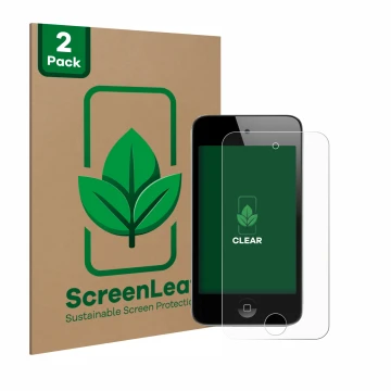 Parte frontal de un envase de producto con el logotipo de la marca ScreenLeaf. Al lado se muestra el dispositivo Apple iPod To