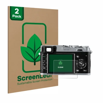 Parte frontal de un envase de producto con el logotipo de la marca ScreenLeaf. Al lado se muestra el dispositivo Fujifilm Fine