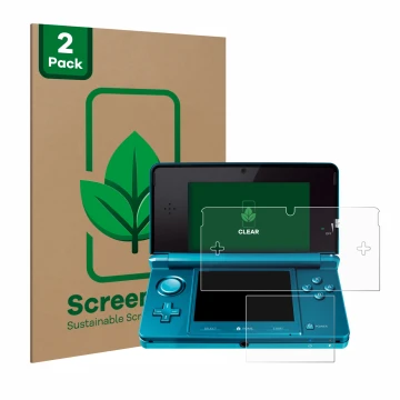 Parte frontal de un envase de producto con el logotipo de la marca ScreenLeaf. Al lado se muestra el dispositivo Nintendo 3DS 