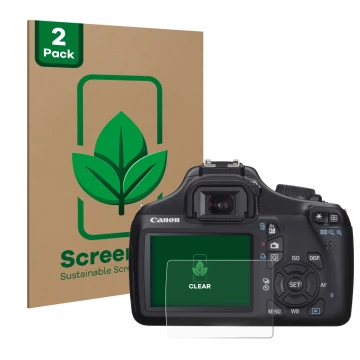 Parte frontal de un envase de producto con el logotipo de la marca ScreenLeaf. Al lado se muestra el dispositivo Canon EOS 110