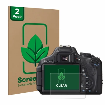 Parte frontal de un envase de producto con el logotipo de la marca ScreenLeaf. Al lado se muestra el dispositivo Canon EOS 600
