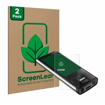 Parte frontal de un envase de producto con el logotipo de la marca ScreenLeaf. Al lado se muestra el dispositivo Intenso Video