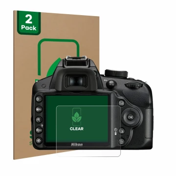 Parte frontal de un envase de producto con el logotipo de la marca ScreenLeaf. Al lado se muestra el dispositivo Nikon D3200 c