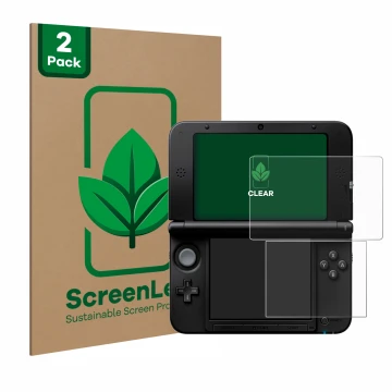 Parte frontal de un envase de producto con el logotipo de la marca ScreenLeaf. Al lado se muestra el dispositivo Nintendo 3DS 