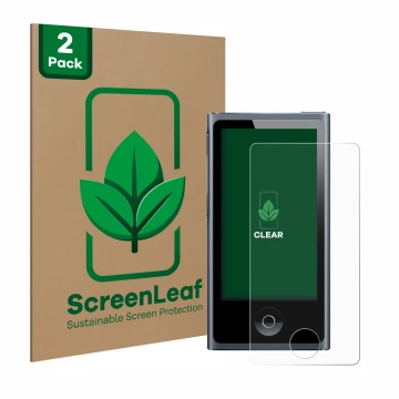 Parte frontal de un envase de producto con el logotipo de la marca ScreenLeaf. Al lado se muestra el dispositivo Apple iPod na