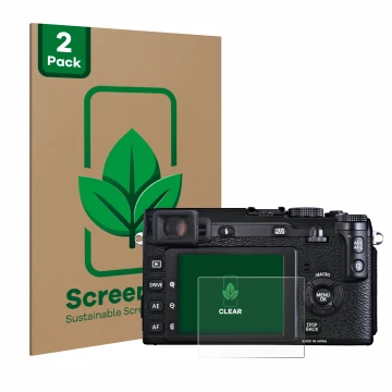 Parte frontal de un envase de producto con el logotipo de la marca ScreenLeaf. Al lado se muestra el dispositivo Fujifilm X-E1