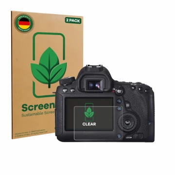 Parte frontal de un envase de producto con el logotipo de la marca ScreenLeaf. Al lado se muestra el dispositivo Canon EOS 6D 