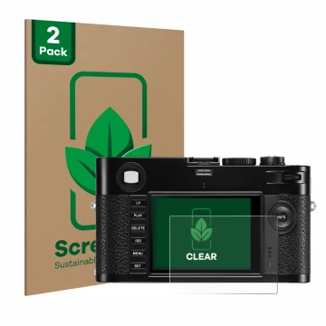 Parte frontal de un envase de producto con el logotipo de la marca ScreenLeaf. Al lado se muestra el dispositivo Leica M (Typ 