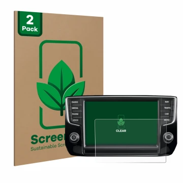 Parte frontal de un envase de producto con el logotipo de la marca ScreenLeaf. Al lado se muestra el dispositivo Volkswagen Pa