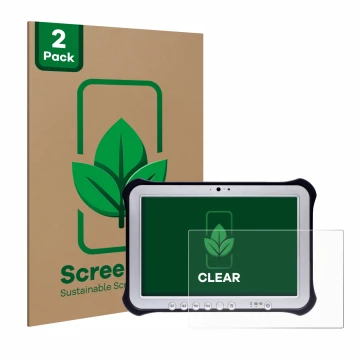 Parte frontal de un envase de producto con el logotipo de la marca ScreenLeaf. Al lado se muestra el dispositivo Panasonic Tou