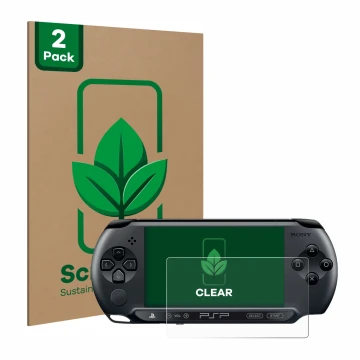 Parte frontal de un envase de producto con el logotipo de la marca ScreenLeaf. Al lado se muestra el dispositivo Sony PSP 1004