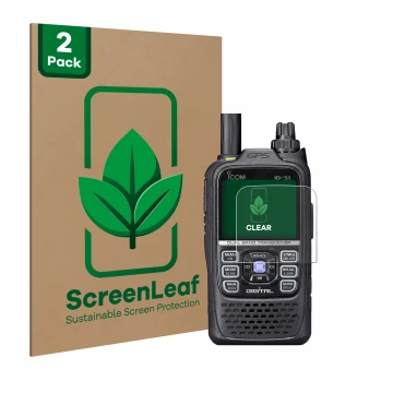 Parte frontal de un envase de producto con el logotipo de la marca ScreenLeaf. Al lado se muestra el dispositivo Icom ID-51 co
