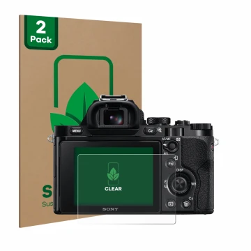 Parte frontal de un envase de producto con el logotipo de la marca ScreenLeaf. Al lado se muestra el dispositivo Sony Alpha 7 