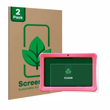 Parte frontal de un envase de producto con el logotipo de la marca ScreenLeaf. Al lado se muestra el dispositivo Contixo Kids 