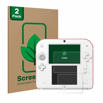 Parte frontal de un envase de producto con el logotipo de la marca ScreenLeaf. Al lado se muestra el dispositivo Nintendo 2DS 