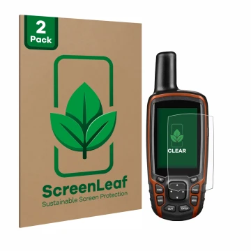 Parte frontal de un envase de producto con el logotipo de la marca ScreenLeaf. Al lado se muestra el dispositivo Garmin GPSMAP