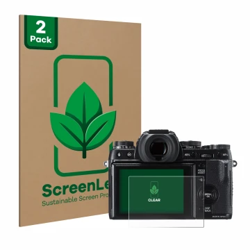 Parte frontal de un envase de producto con el logotipo de la marca ScreenLeaf. Al lado se muestra el dispositivo Fujifilm X-T1